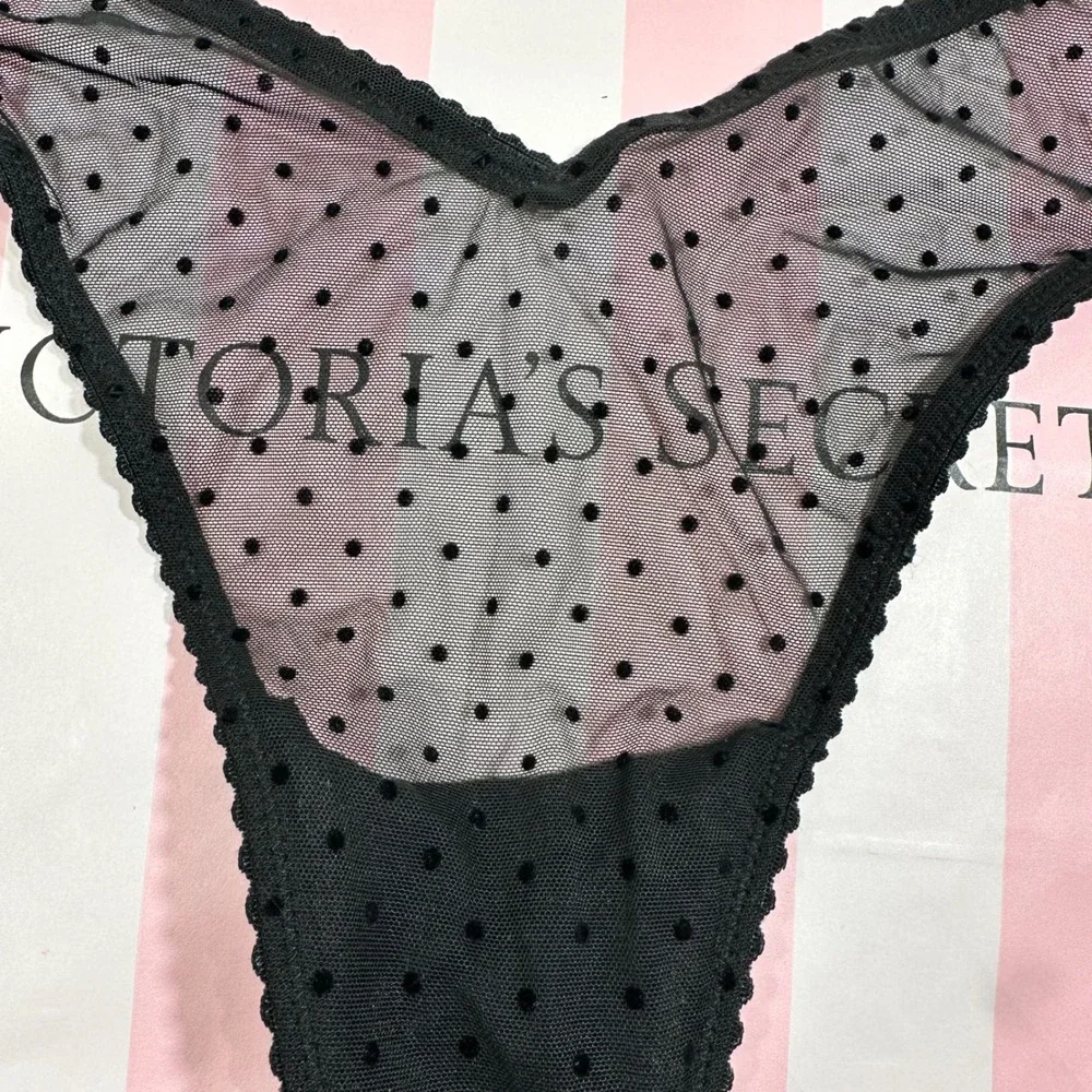 Victoria's Secret High-Leg Thong Panty L Black‎ Polka Dot Mesh Red Ribbon Bells